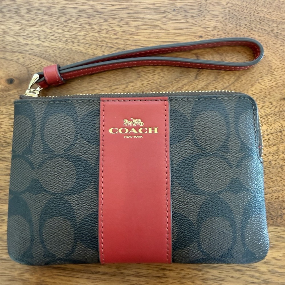 Coach Black Red Logo Wristlet with Red Strap Gold Hardware Women
